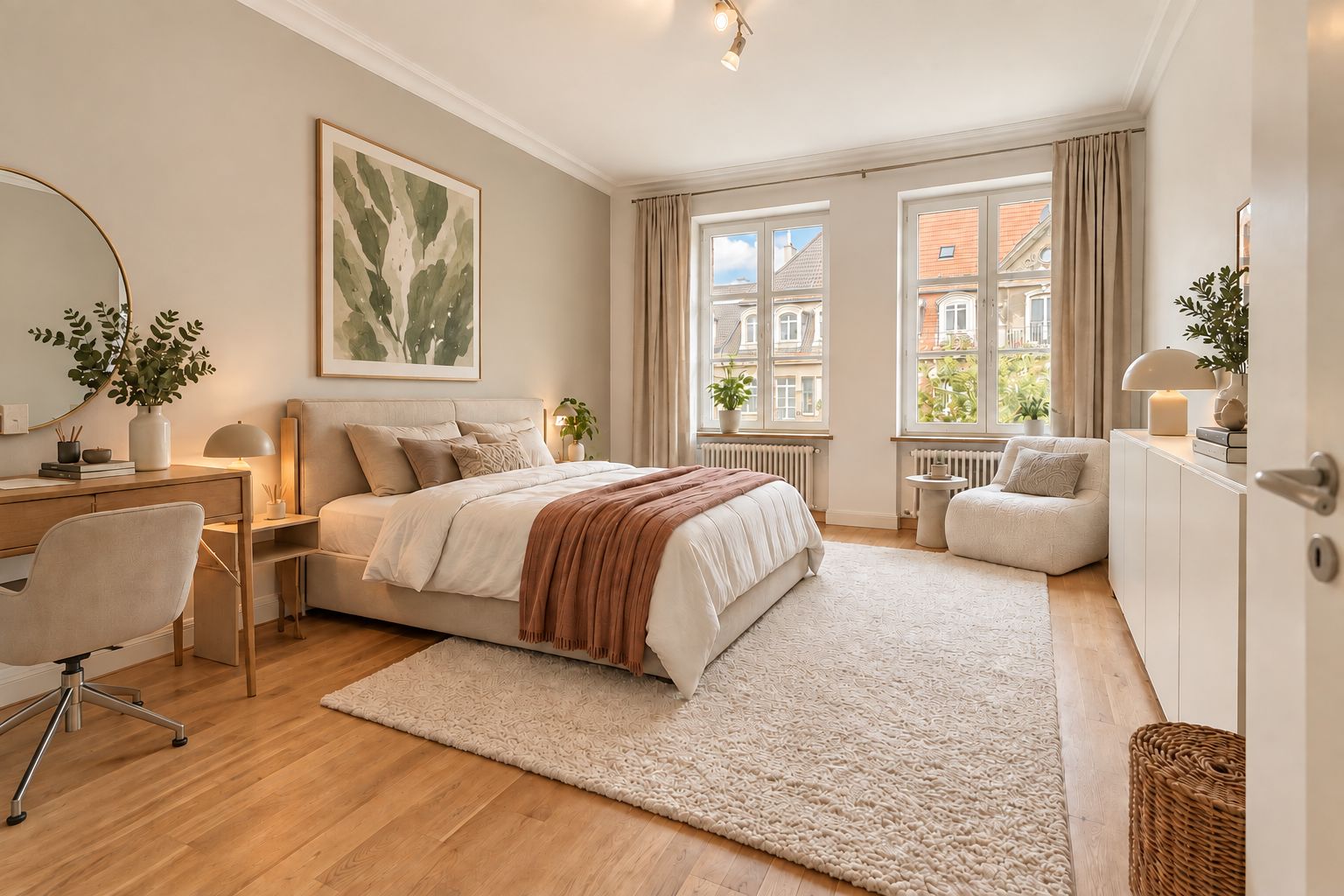 Helles Schlafzimmer mit Doppelbett, Schreibtisch, großen Fenstern und Teppich auf Holzboden.