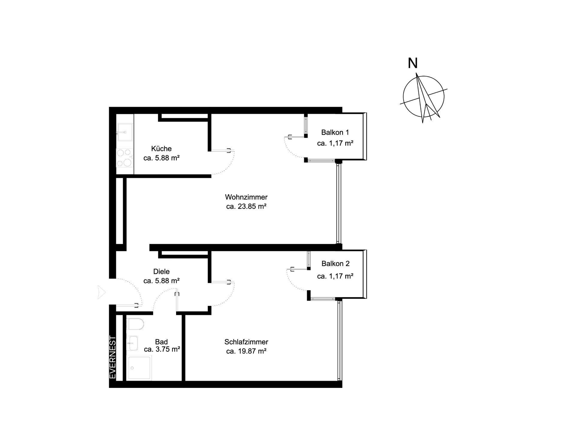 Grundriss mit Küche, Wohnzimmer, Schlafzimmer, Bad, Diele und zwei Balkonen.