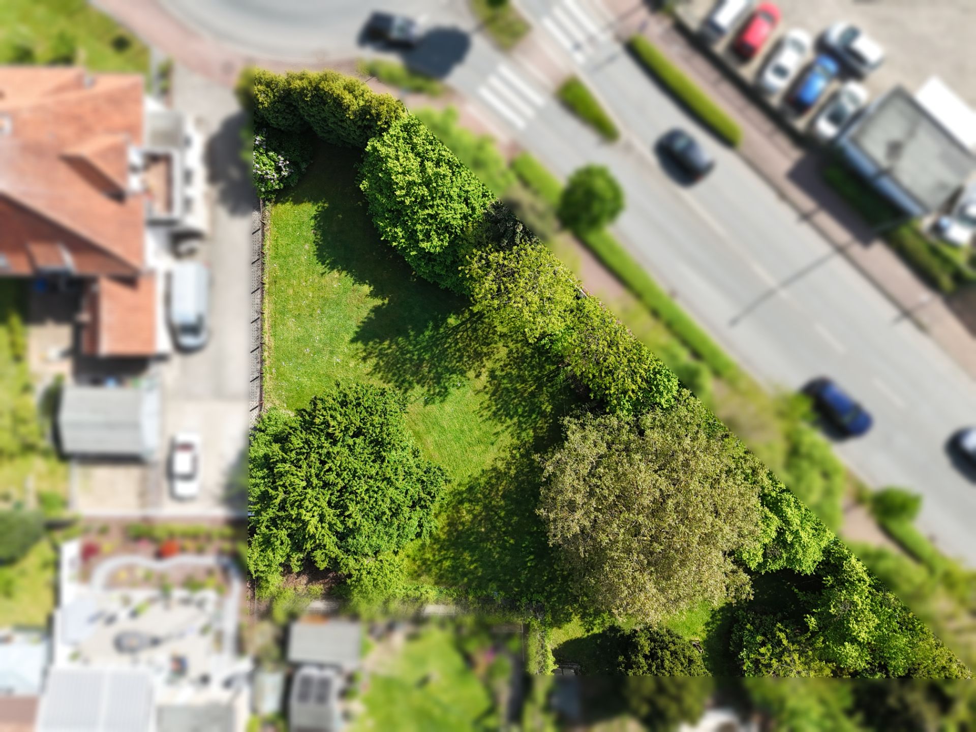 Dreieckiger Garten mit Rasen und Bäumen, von Hecken umzäunt, neben einer Straße.