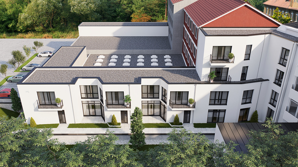 Moderne Wohnanlage mit Balkonen, Terrasse und parkenden Autos im Hintergrund.