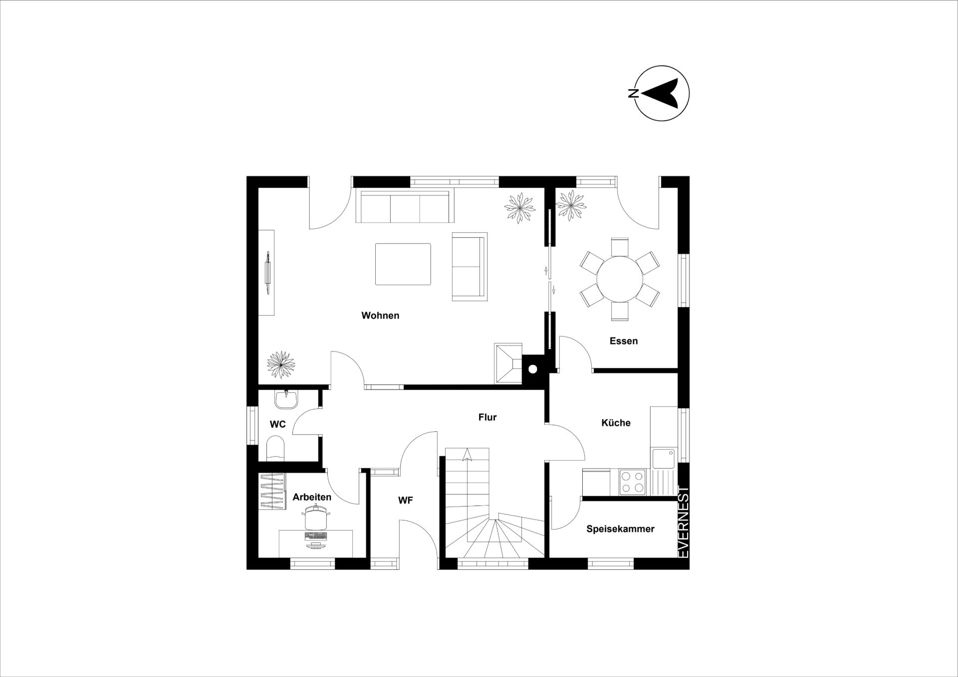 Grundriss des Erdgeschosses mit Wohnzimmer, Esszimmer, Küche, WC, Arbeitszimmer und Flur.
