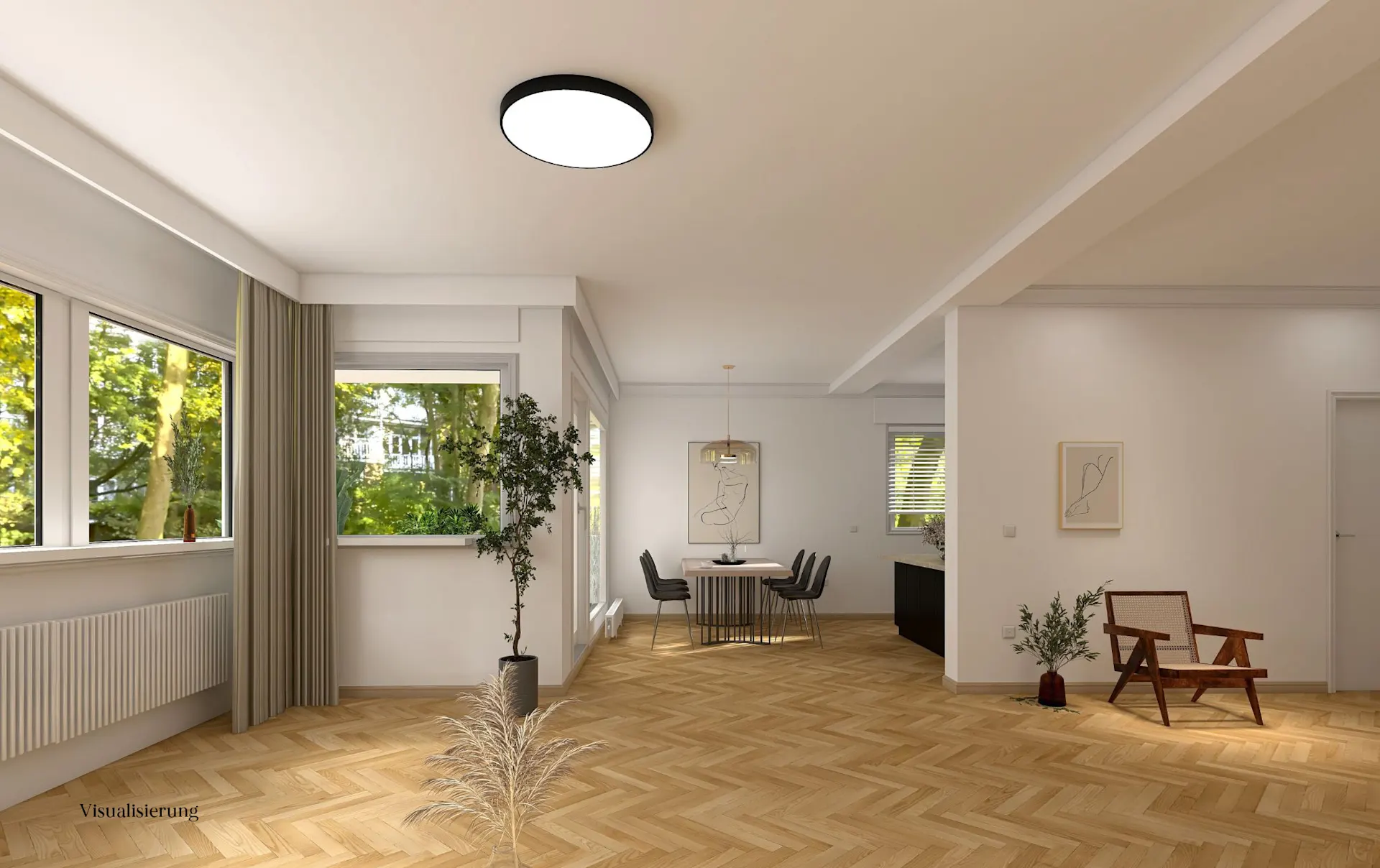 Helles Wohnzimmer mit Parkettboden, großen Fenstern, Esstisch und moderner Einrichtung.