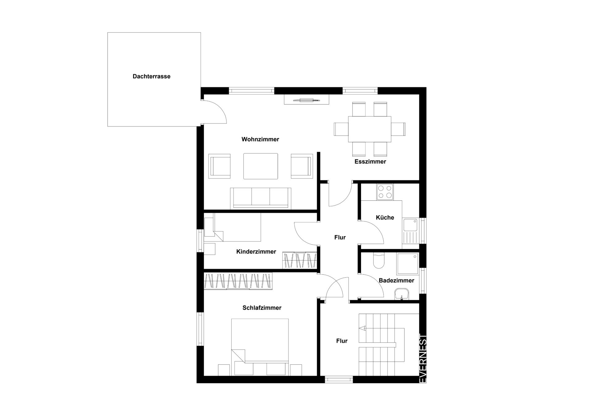 Grundriss einer Wohnung mit Wohnzimmer, Schlafzimmer, Kinderzimmer, Küche, Bad und Dachterrasse.