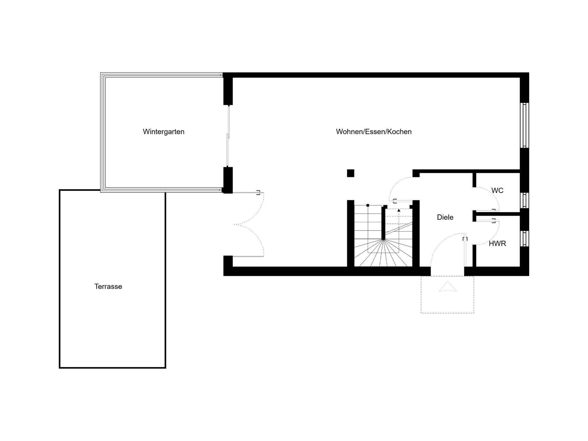 Grundriss mit Wintergarten, Terrasse, Wohnbereich, Diele, WC und Hauswirtschaftsraum.