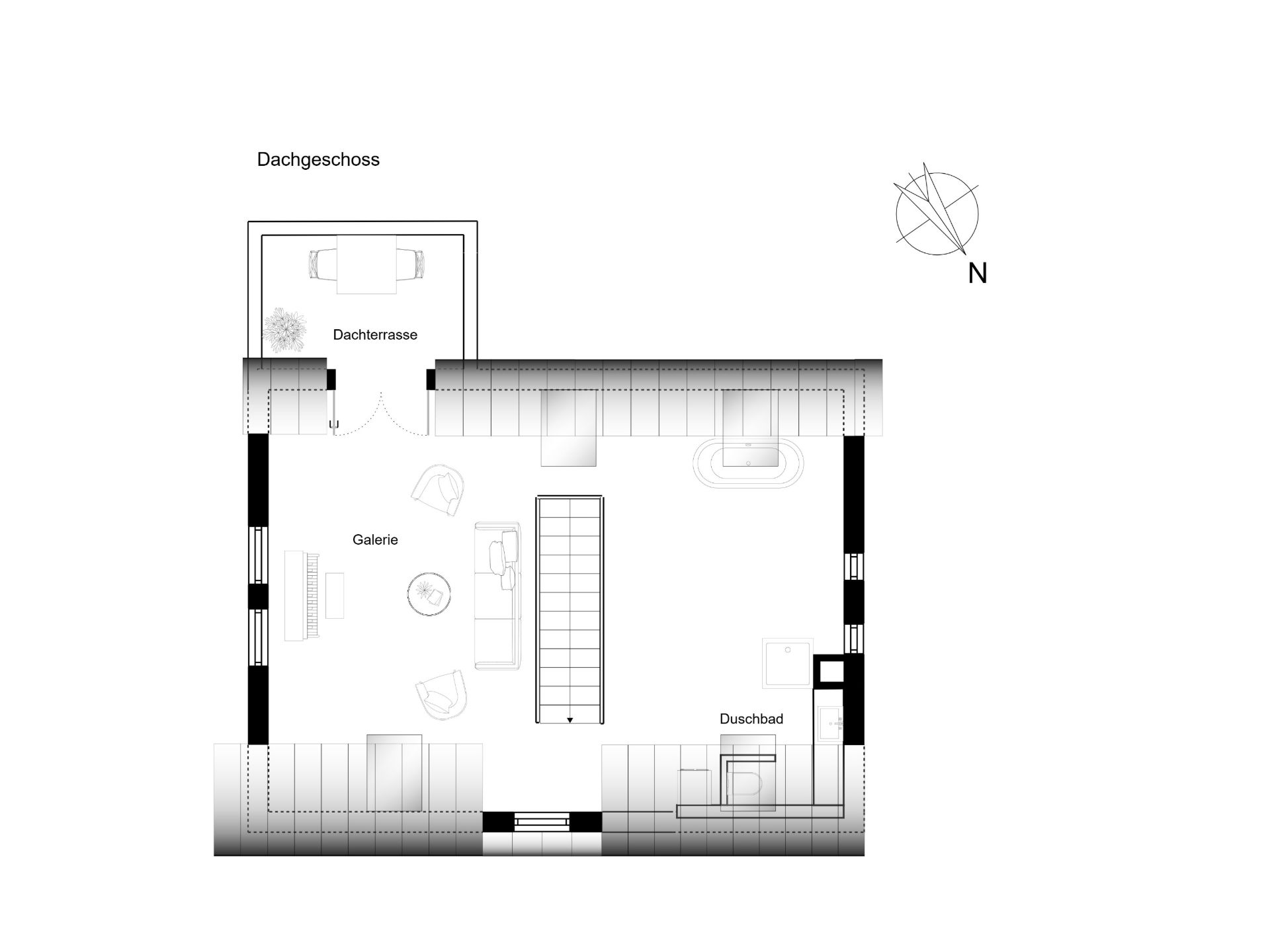 Grundriss des Dachgeschosses mit Galerie, Duschbad und Dachterrasse.