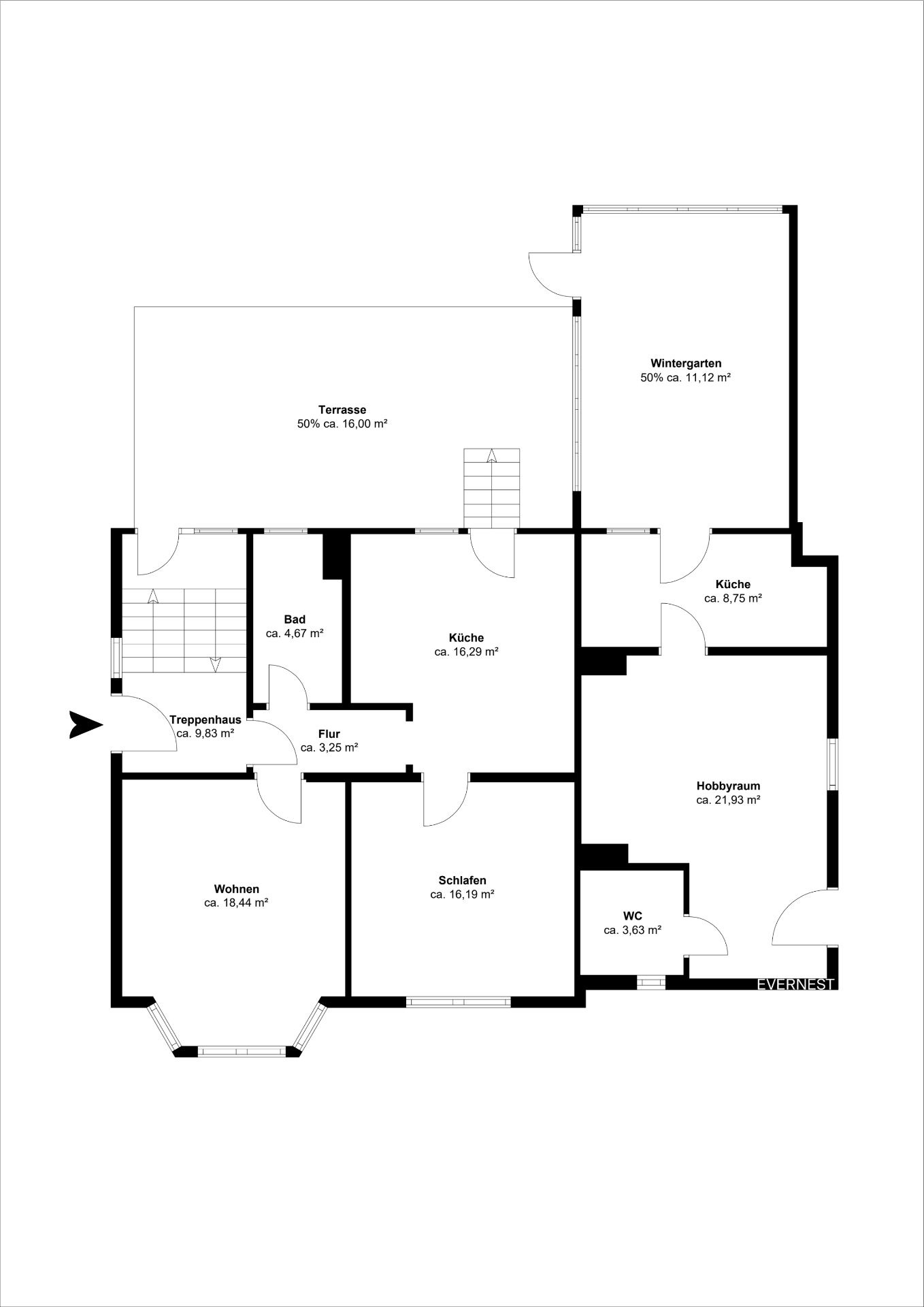 Grundriss einer Wohnung mit Terrasse, Wintergarten, Bad, Küche, Wohn-, Schlaf- und Hobbyraum.