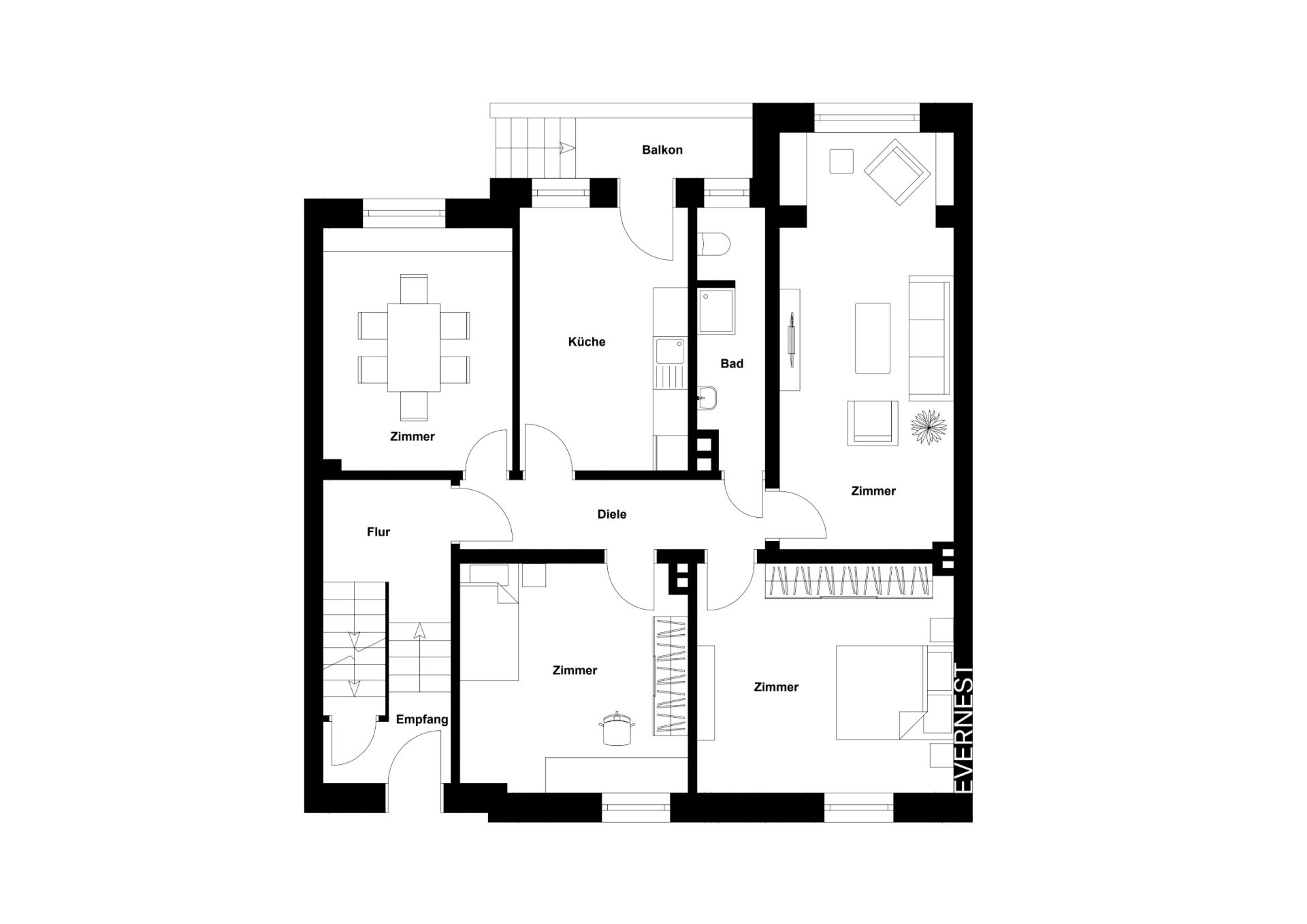 Grundriss einer Wohnung mit vier Zimmern, Küche, Bad, Flur, Diele und Balkon.