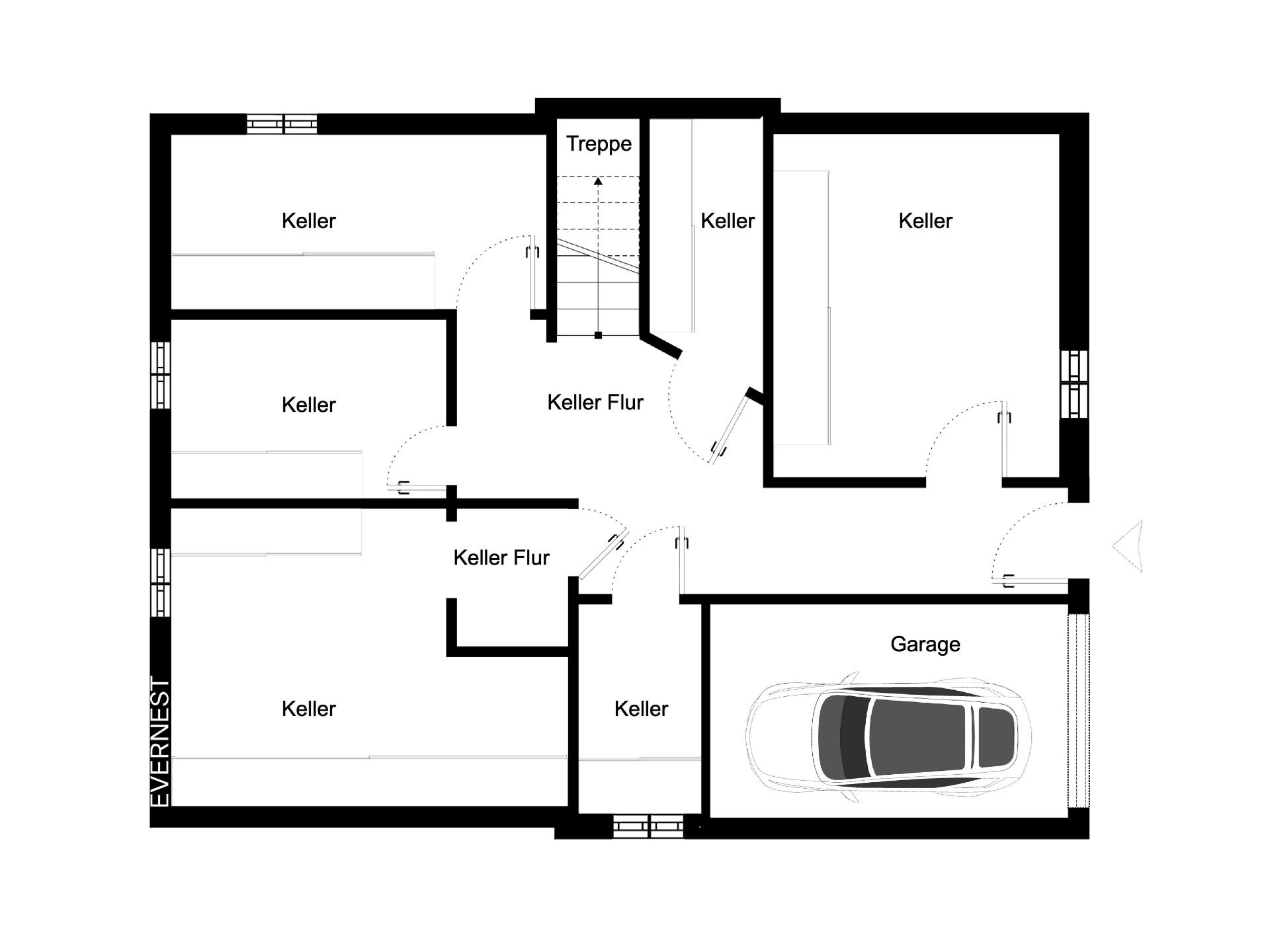 Grundriss eines Kellers mit mehreren Räumen, Fluren, einer Treppe und einer Garage mit Auto.