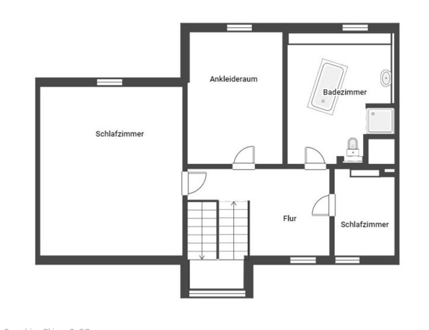 Grundriss mit zwei Schlafzimmern, Ankleideraum, Badezimmer, Flur und Treppe.