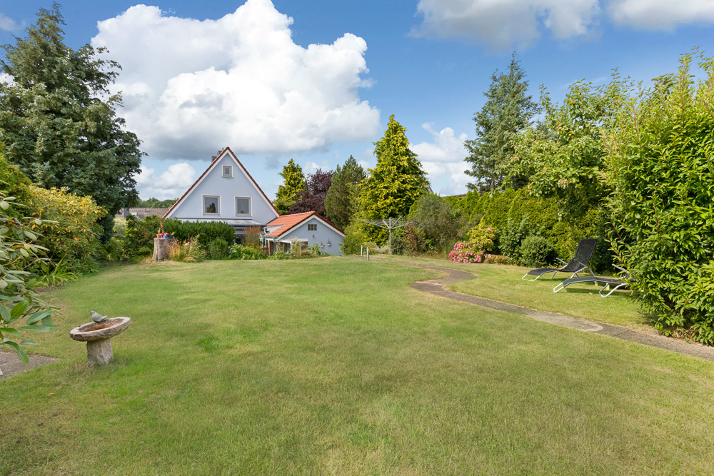 Großer grüner Garten mit Rasen, Liegestühlen, Vogeltränke und einem Haus im Hintergrund.