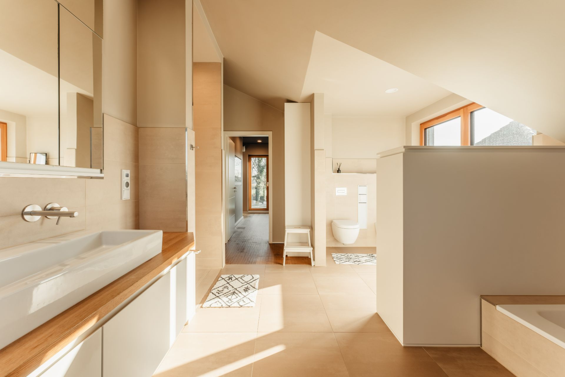 Modernes, helles Badezimmer mit Waschbecken, WC, Badewanne und großen Fenstern.