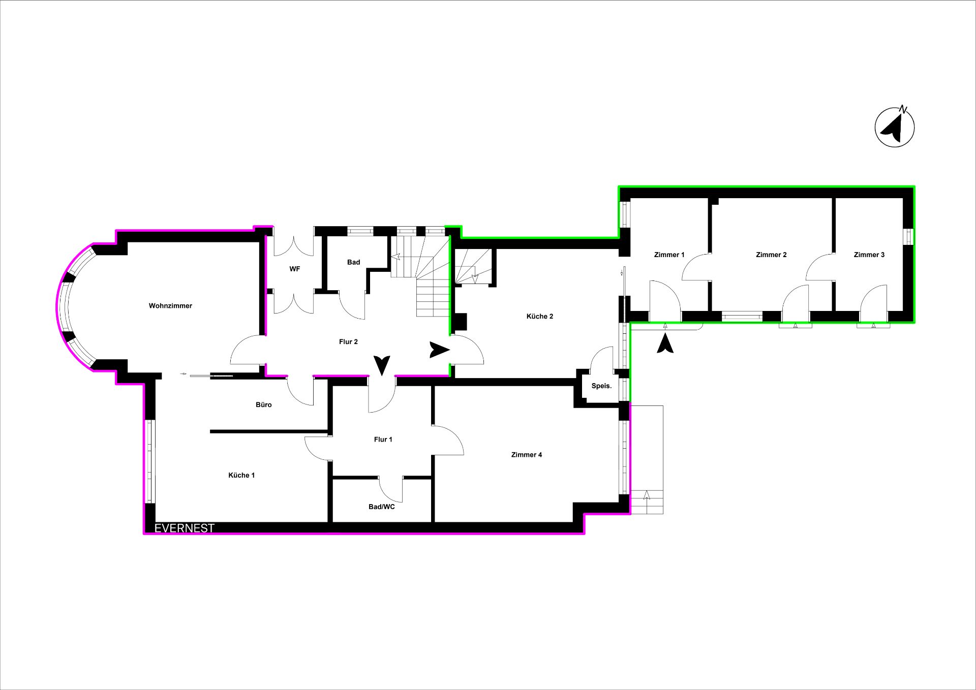 Grundriss eines Wohnhauses mit Wohnzimmer, Küche, Bad, Büro und mehreren Zimmern.