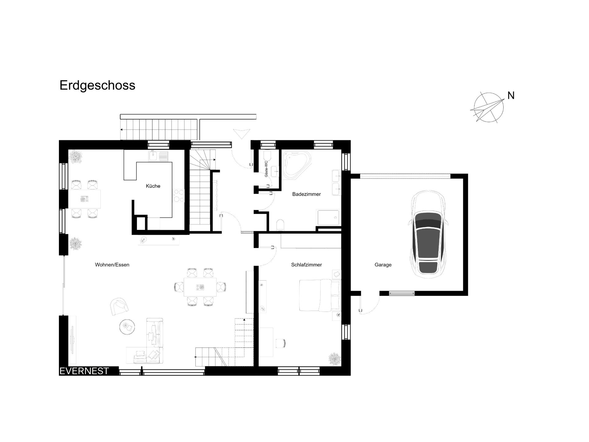 Grundriss des Erdgeschosses mit Wohnbereich, Küche, Bad, Schlafzimmer und Garage.