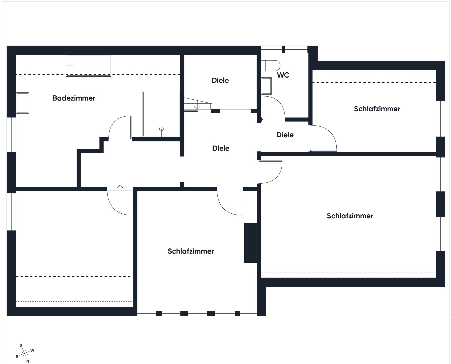 Grundriss mit drei Schlafzimmern, Badezimmer, WC und mehreren Dielen.