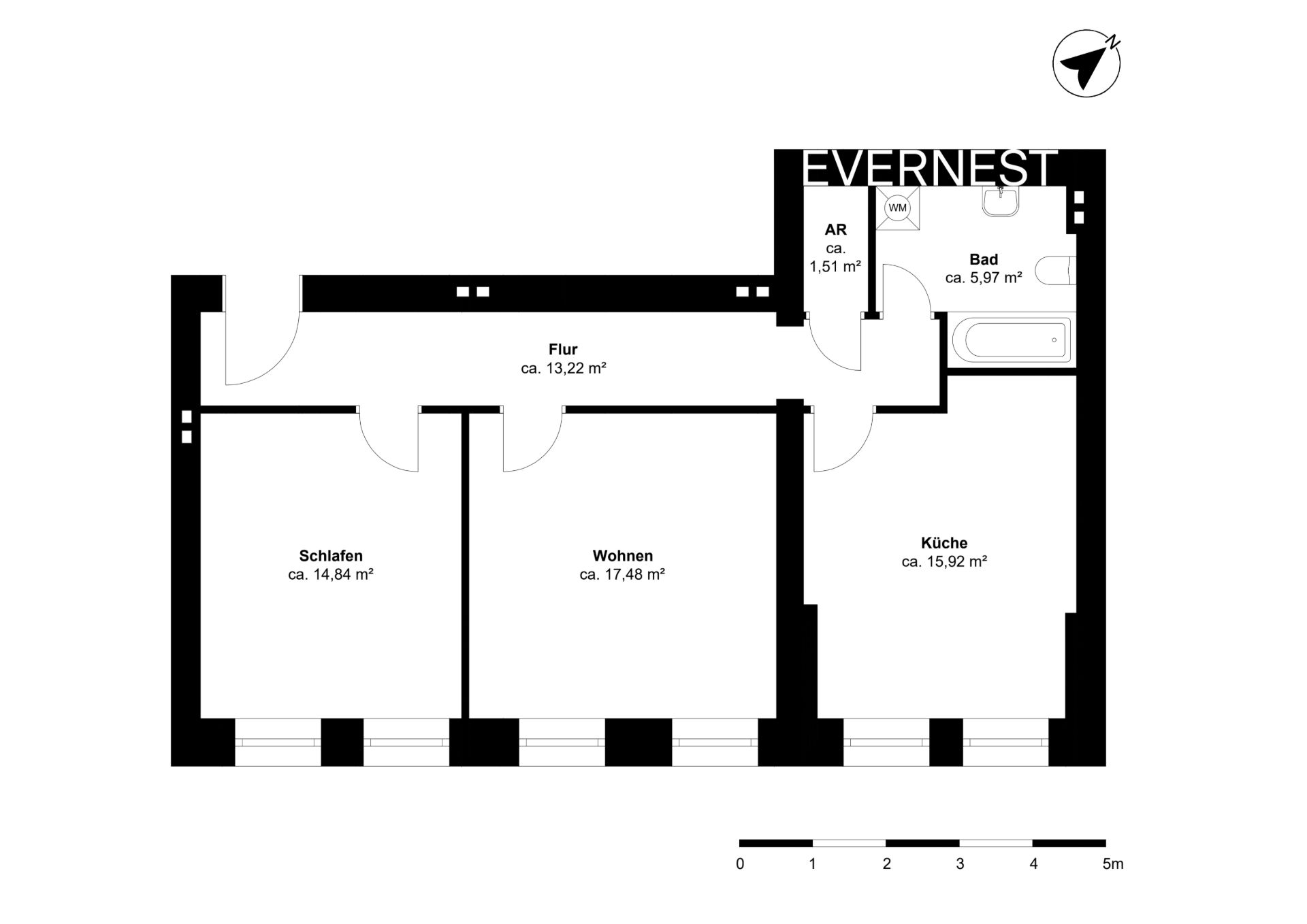 Grundriss einer Wohnung mit Schlafzimmer, Wohnzimmer, Küche, Flur, Bad und Abstellraum.