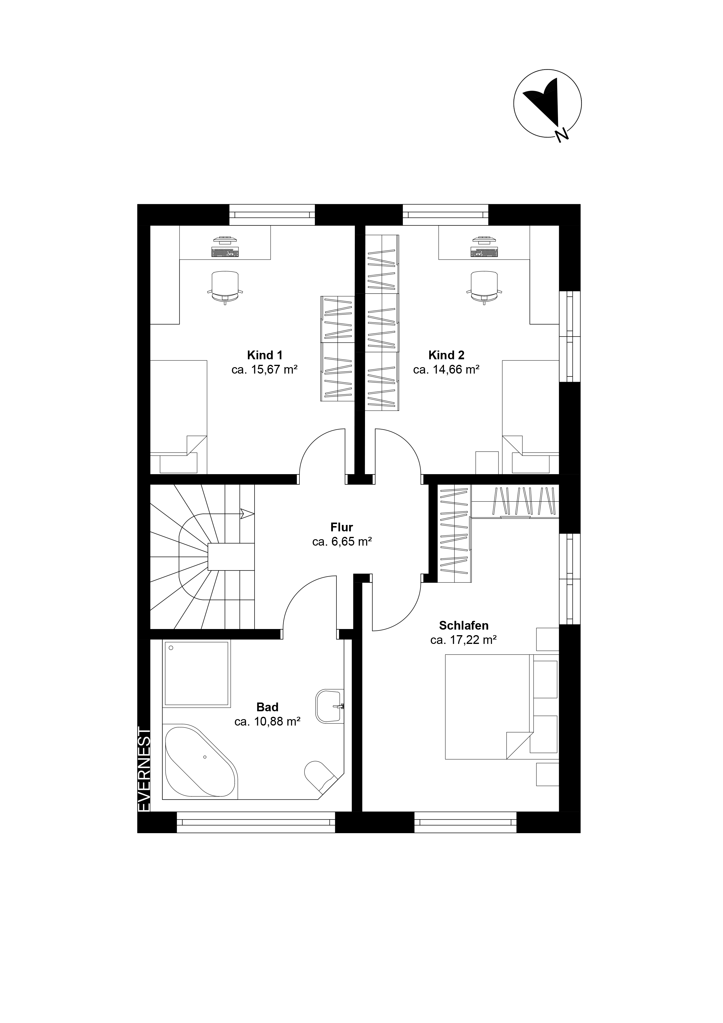 Grundriss mit drei Schlafzimmern, Flur, Bad und Treppe.