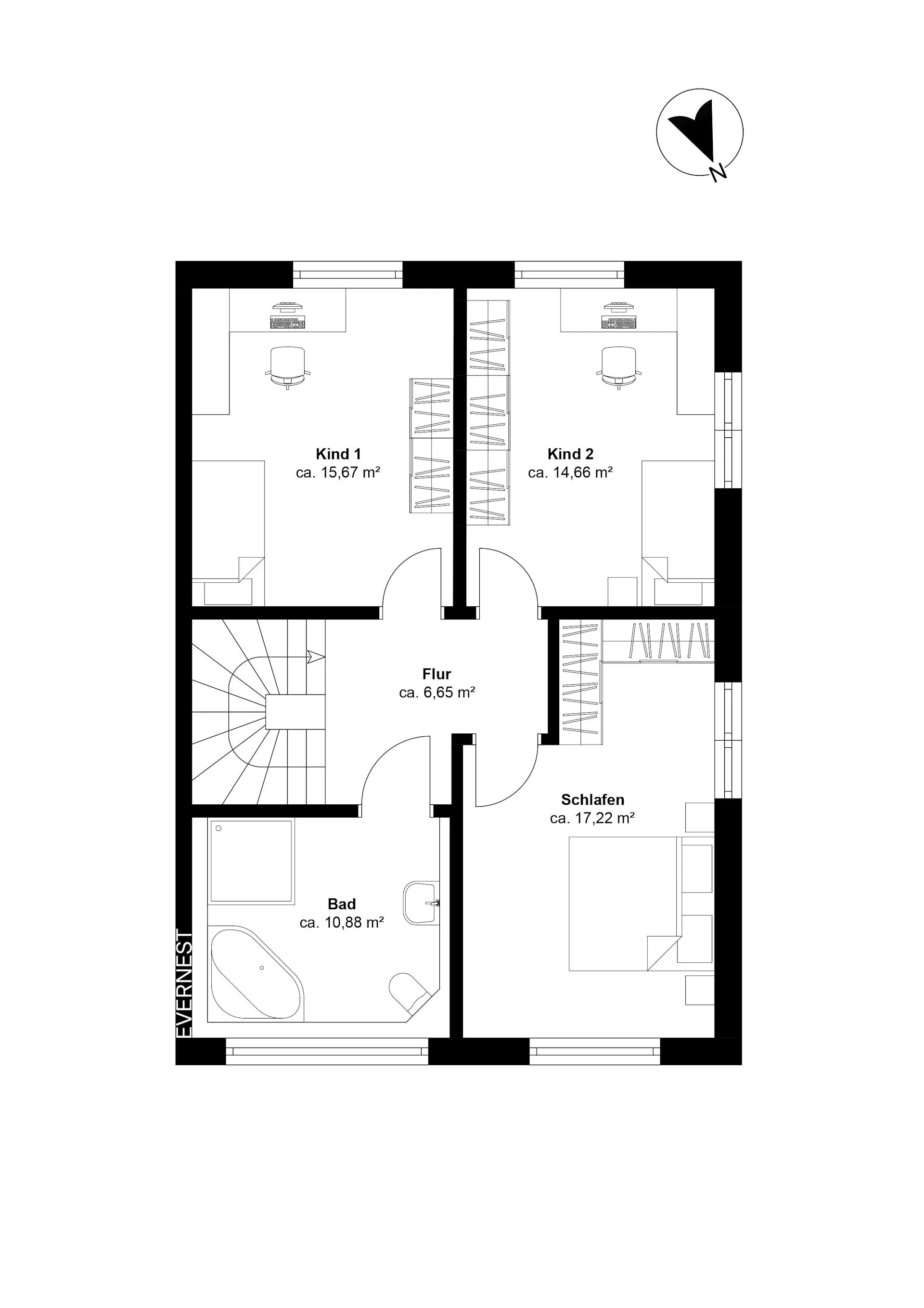 Grundriss mit drei Schlafzimmern, Flur, Bad und Treppe.