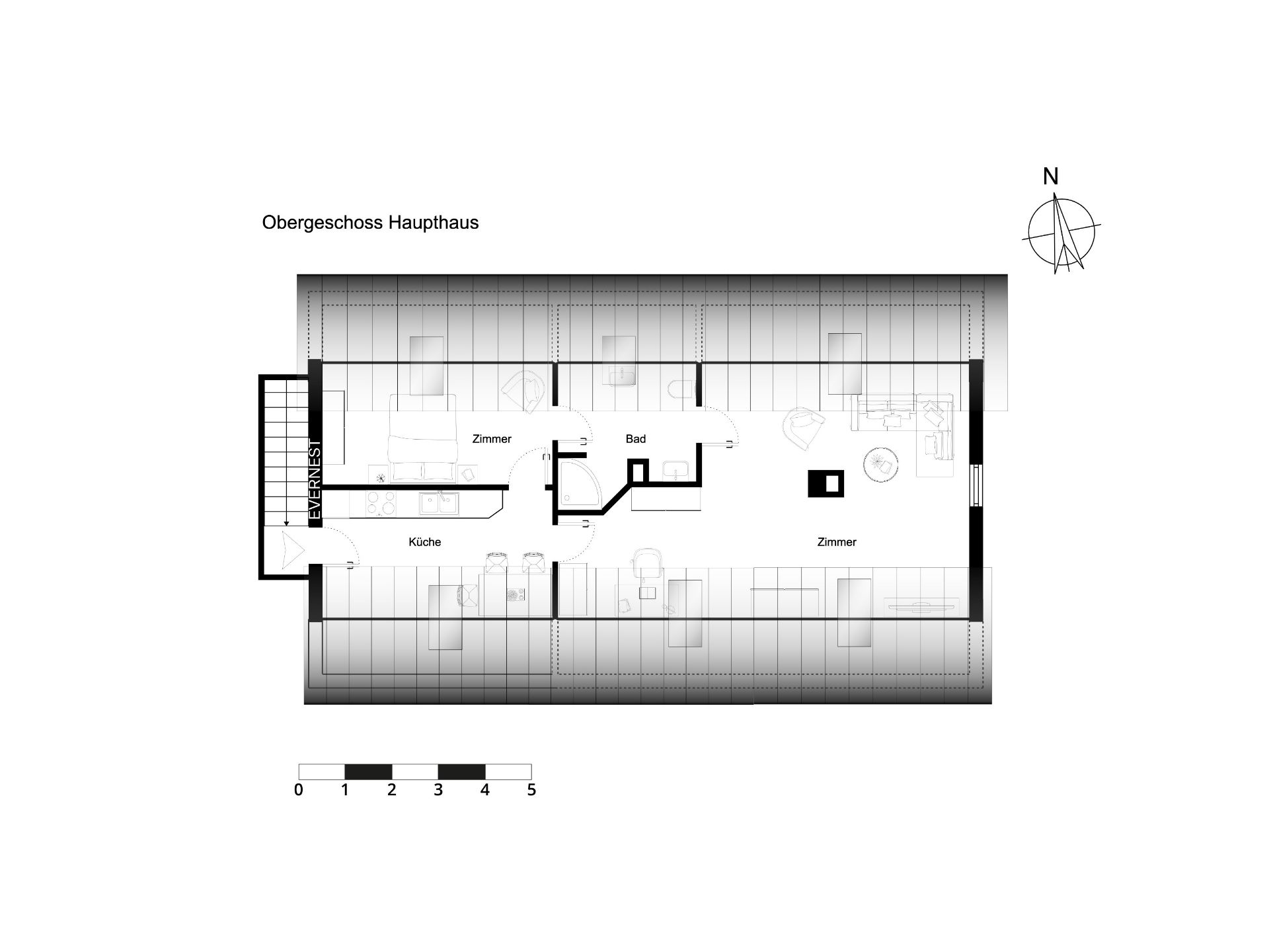 Grundriss eines Obergeschosses mit Küche, Bad und zwei Zimmern, Treppe links.