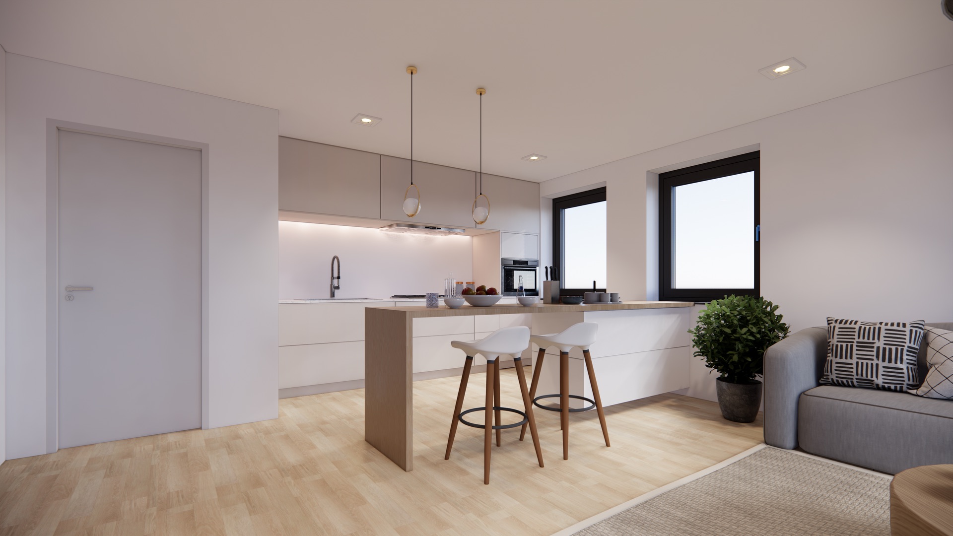 Moderne Küche mit zwei Hockern, Kochinsel, Pflanzen und Sofa in hellem Raum.