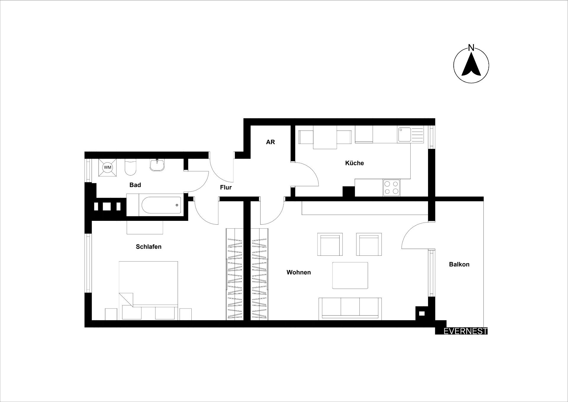 Grundriss einer Wohnung mit Schlafzimmer, Bad, Küche, Wohnzimmer, Flur, Abstellraum und Balkon.