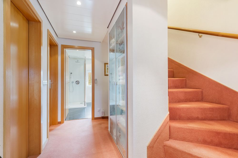 Heller Flur mit Teppichboden, Treppe und Blick in ein Badezimmer mit Dusche.