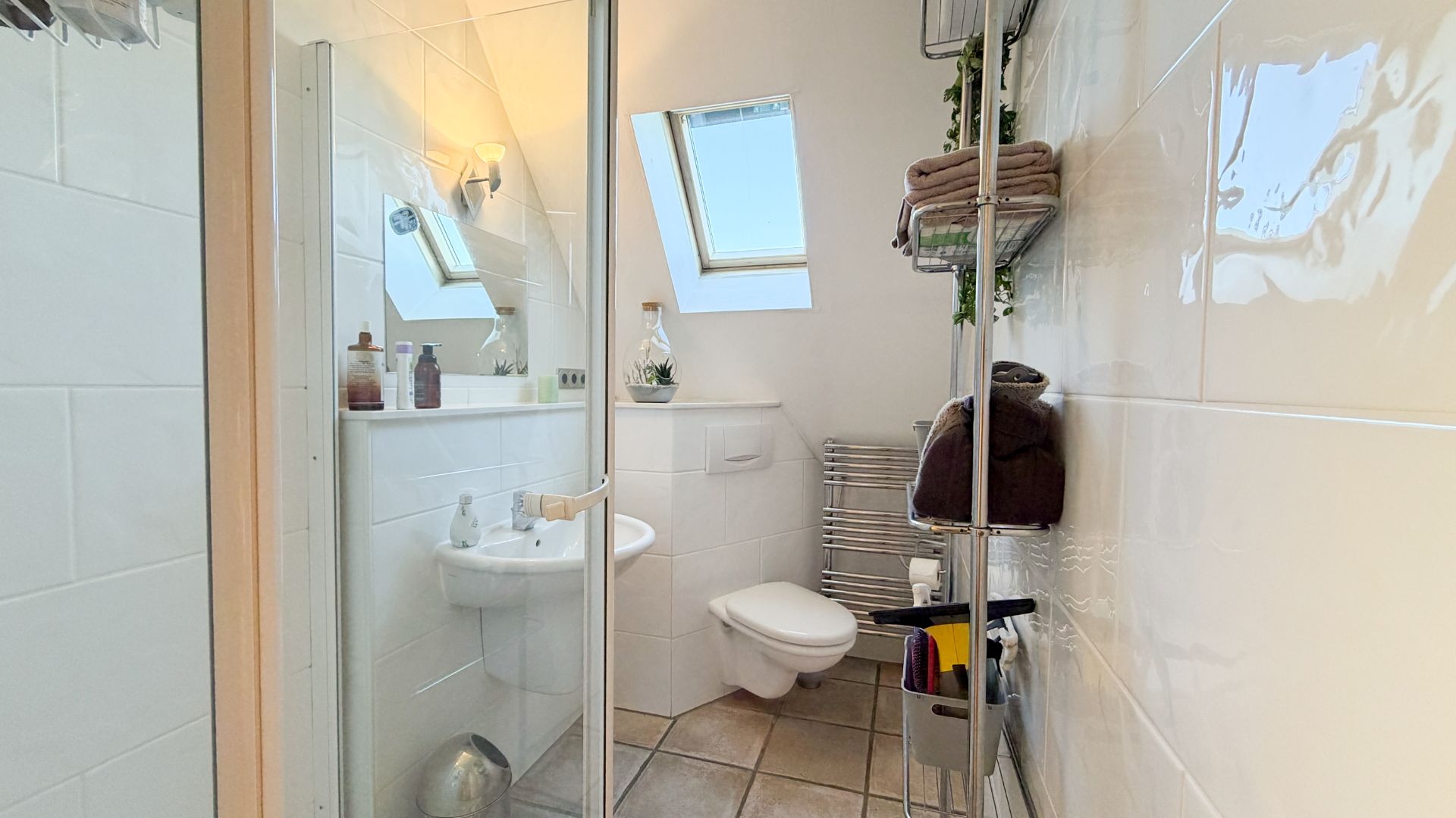 Helles Badezimmer mit Dusche, WC, Waschbecken, Regalen und Dachfenster.