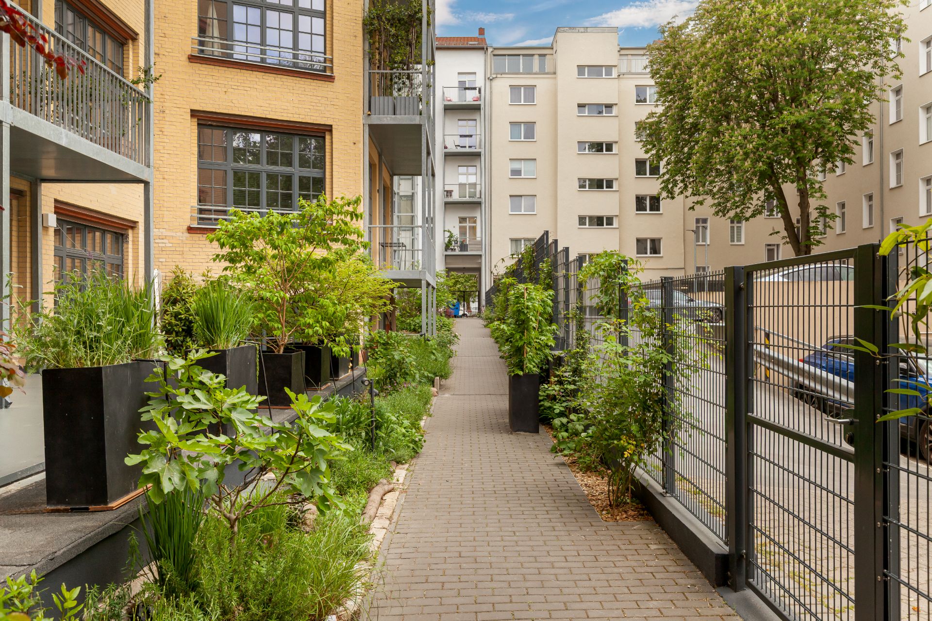 Gepflasterter Weg mit Pflanzen, links Wohngebäude mit Balkonen, rechts Metallzaun und geparkte Autos.