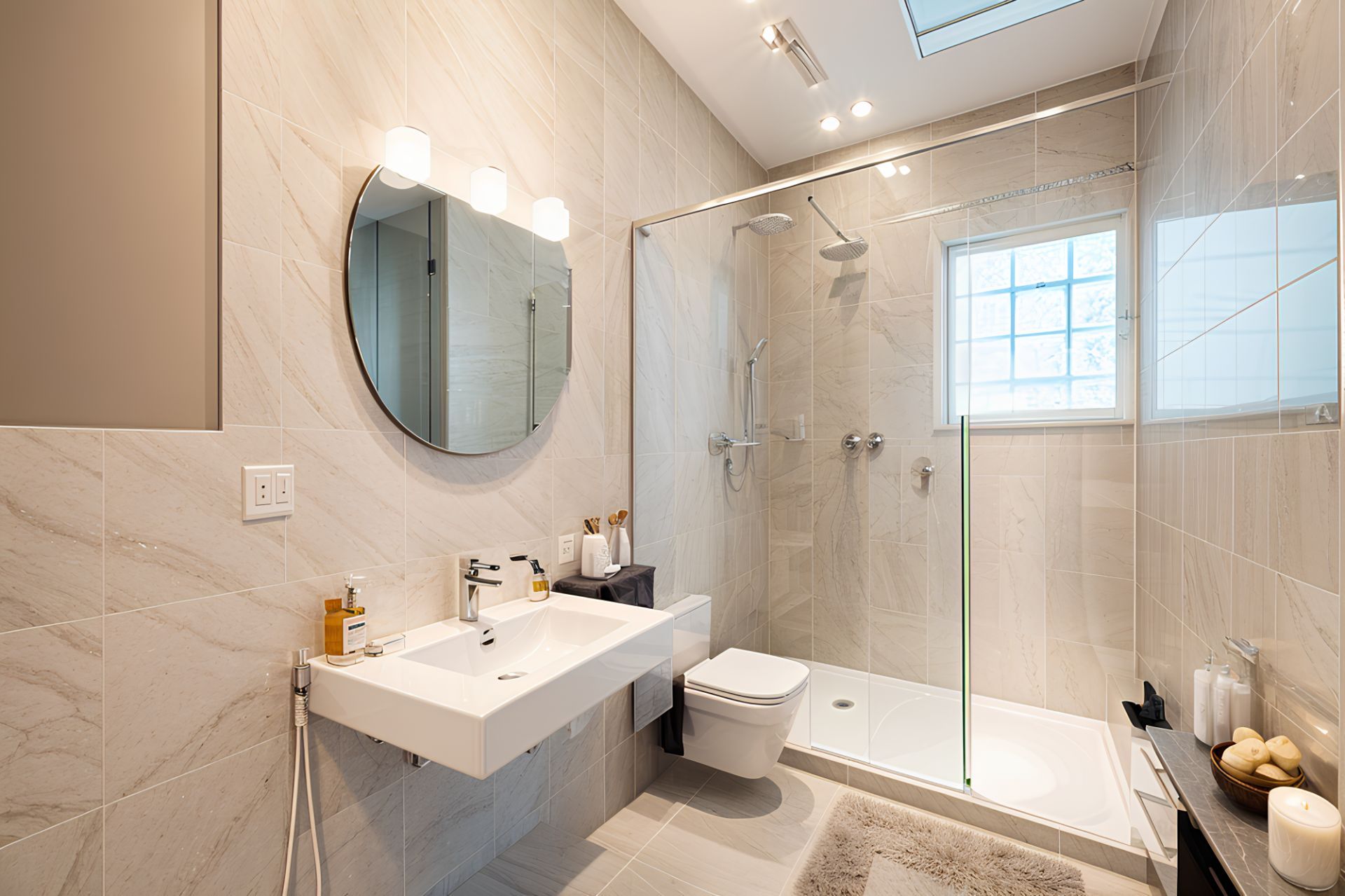 Modernes Badezimmer mit Dusche, Waschbecken, WC und großem Spiegel, beleuchtet durch Fenster und Lampen.