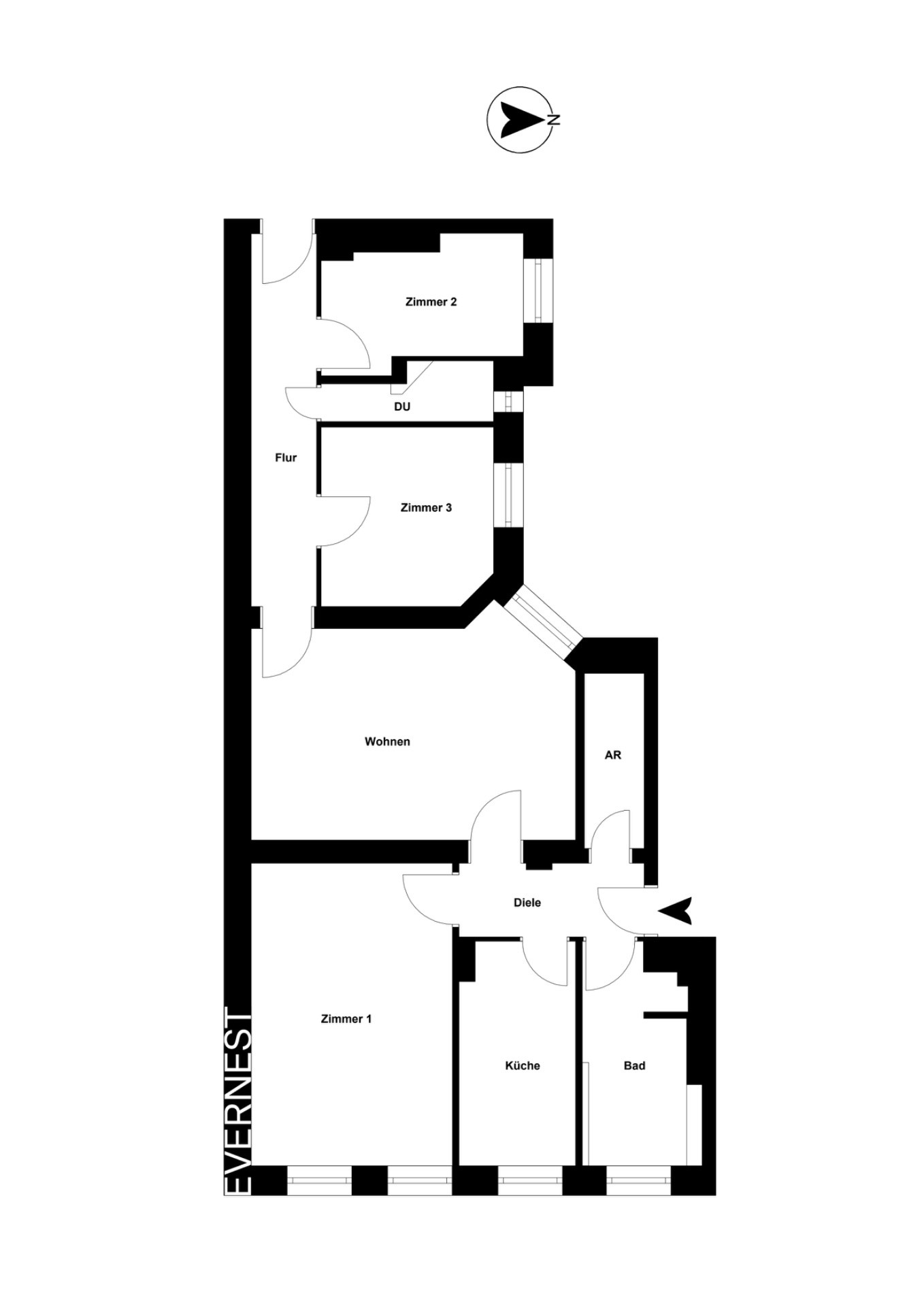 Grundriss einer Wohnung mit drei Zimmern, Wohnzimmer, Küche, Bad, Abstellraum und Flur.