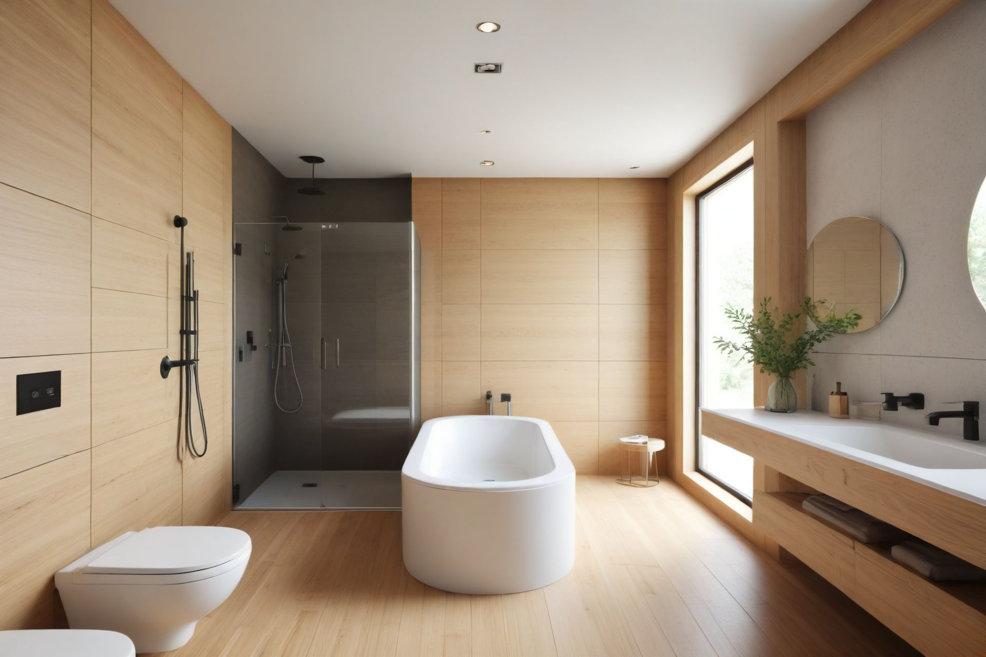 Modernes Badezimmer mit freistehender Badewanne, Dusche, Toilette und großem Fenster.