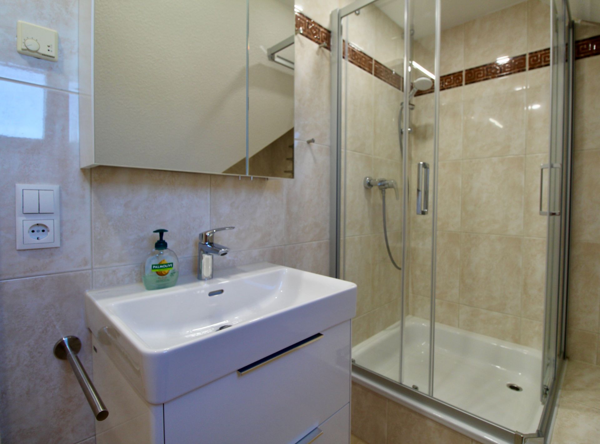 Modernes Badezimmer mit Dusche, Waschbecken und Spiegel an der Wand.