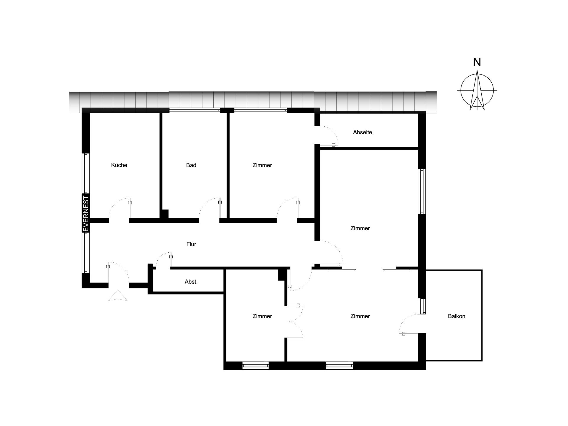 Grundriss einer Wohnung mit Küche, Bad, Flur, Abstellraum, mehreren Zimmern und Balkon.
