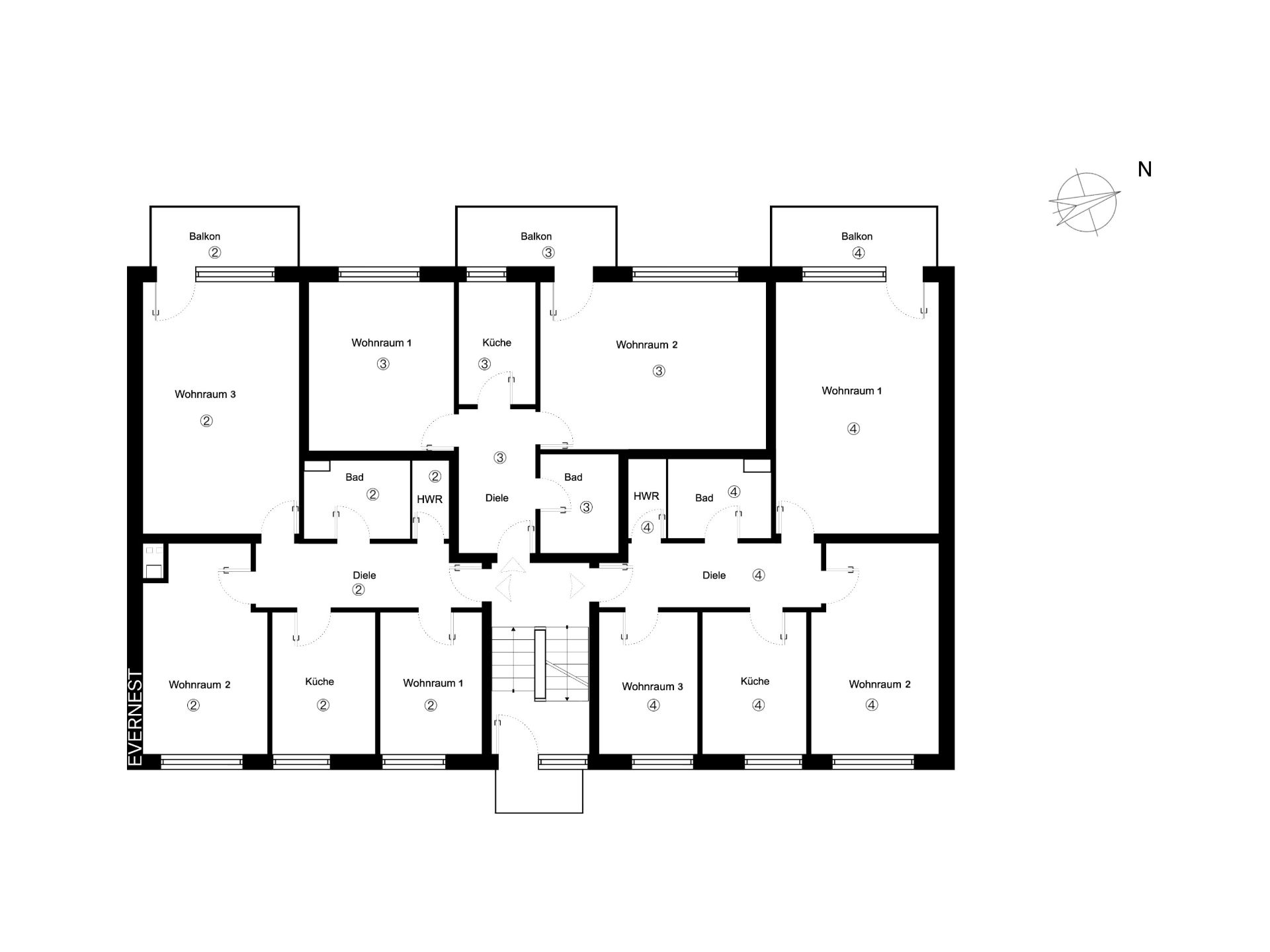 Grundriss eines Wohnhauses mit mehreren Wohnungen, jeweils mit Küche, Bad, Wohnzimmer und Balkon.