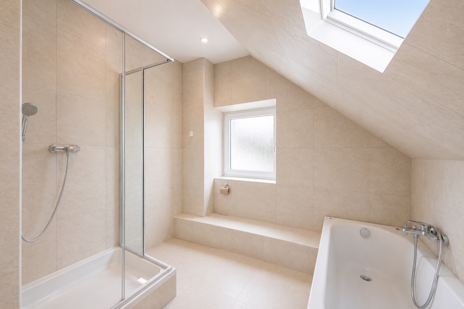 Helles Badezimmer mit Dusche, Badewanne, Fenster und schräger Decke.