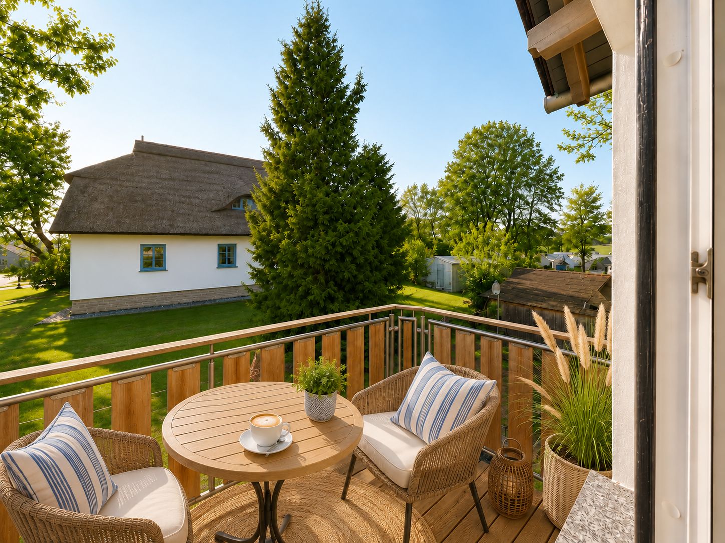 Kleiner Balkon mit zwei Stühlen, Tisch, Kissen, Pflanzen und Ausblick auf Garten und Haus.