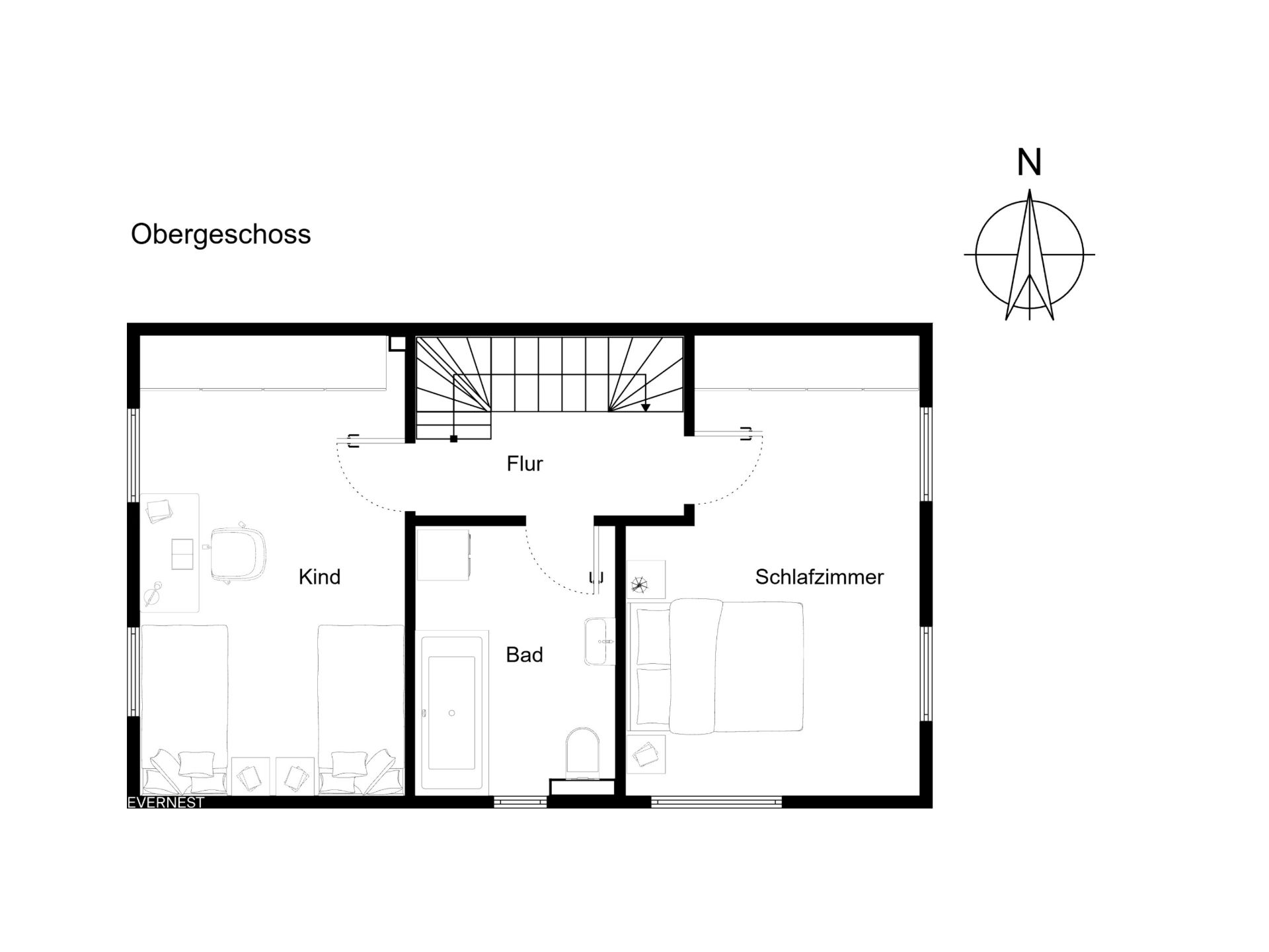 Grundriss des Obergeschosses mit Flur, Schlafzimmer, Kinderzimmer und Bad.