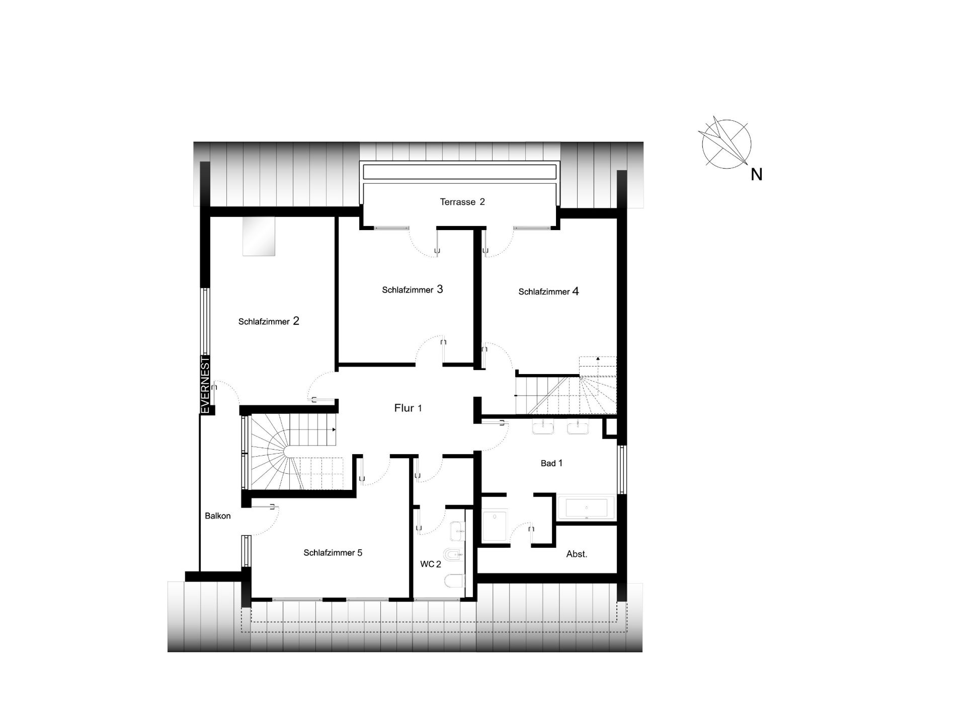 Grundriss mit fünf Schlafzimmern, Bad, WC, Abstellraum, Flur, Terrasse und Balkon.