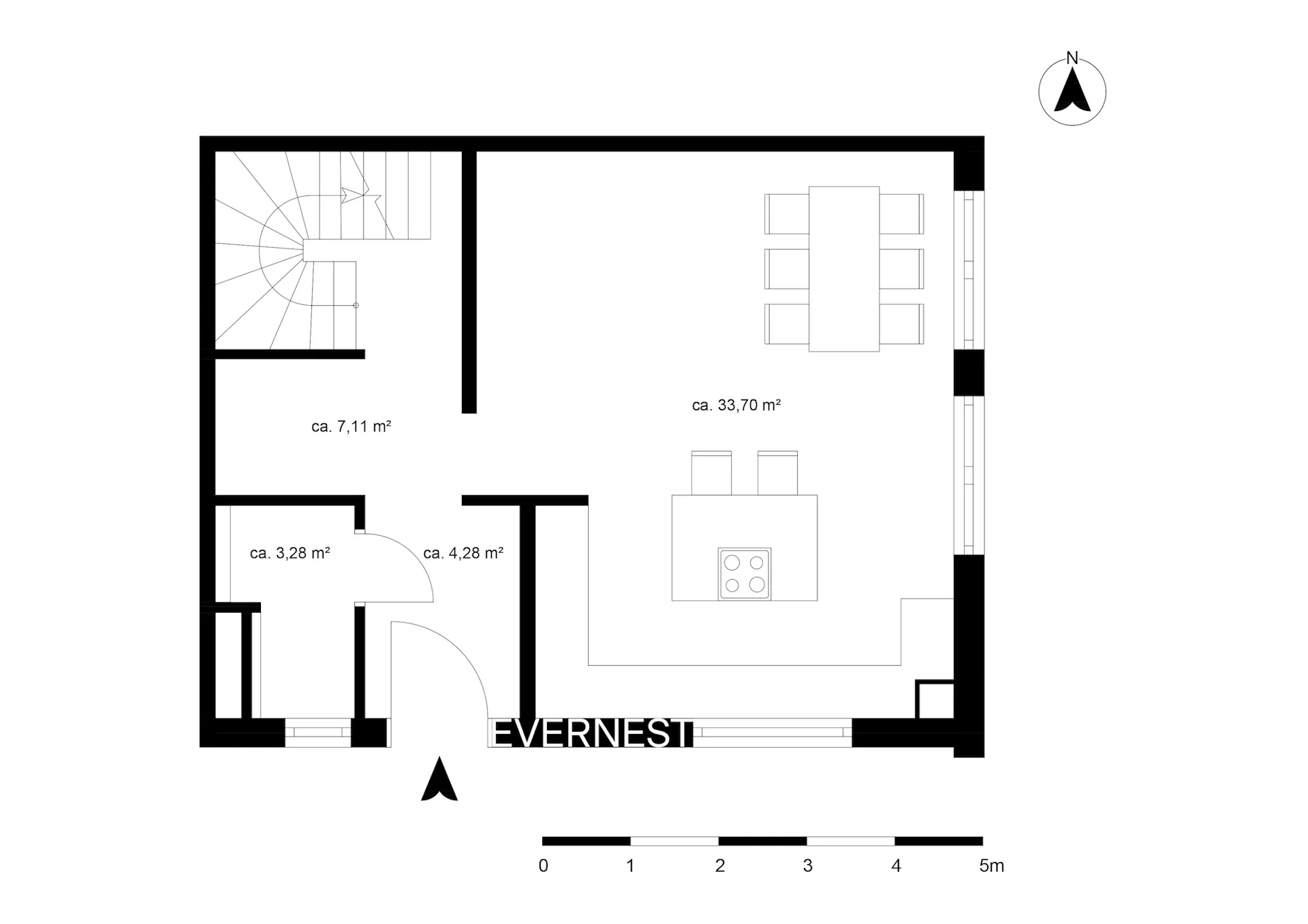Grundriss eines Wohnbereichs mit Küche, Essbereich, Flur, Treppe und zwei kleinen Räumen.