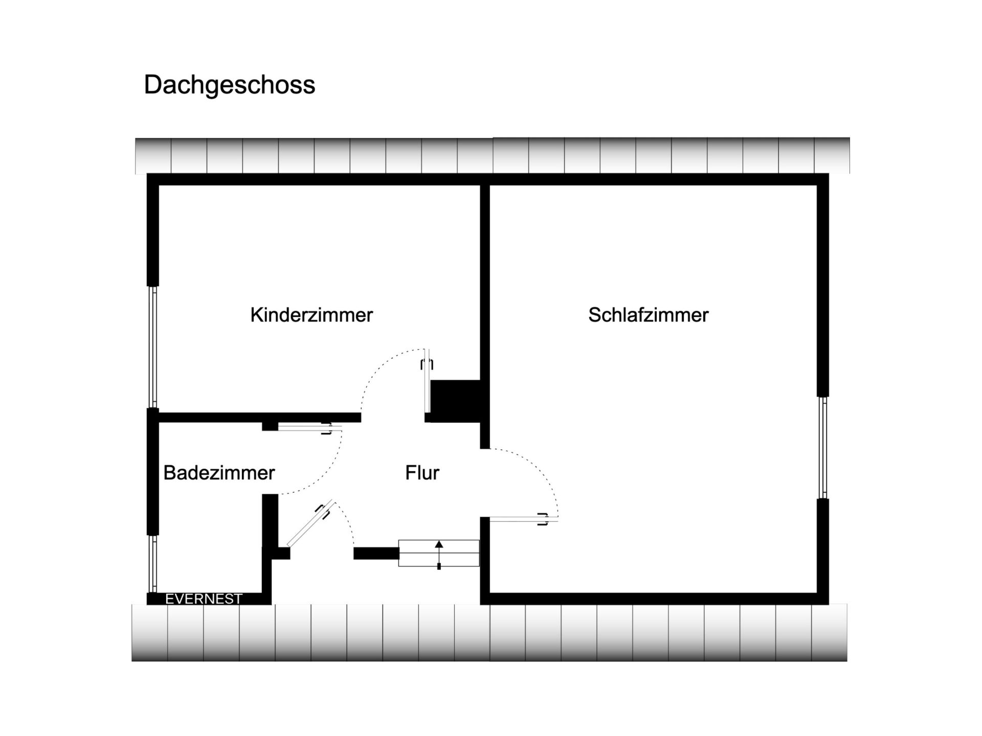 Grundriss des Dachgeschosses mit Schlafzimmer, Kinderzimmer, Badezimmer und Flur.