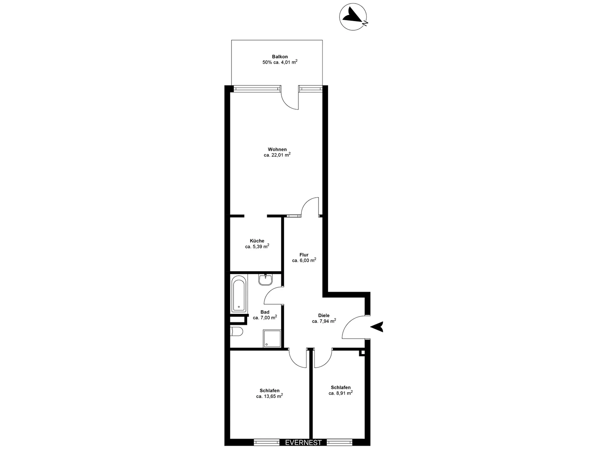 Grundriss einer Wohnung mit Balkon, Wohnzimmer, Küche, Bad und zwei Schlafzimmern.