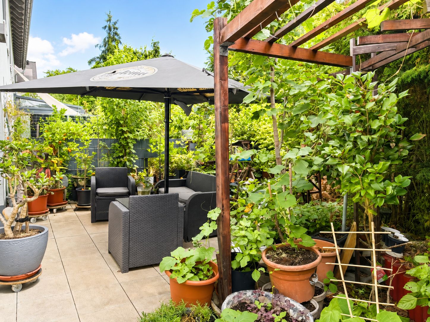Terrasse mit Sitzmöbeln, großem Sonnenschirm und vielen Pflanzen in Töpfen und einem Holzspalier.