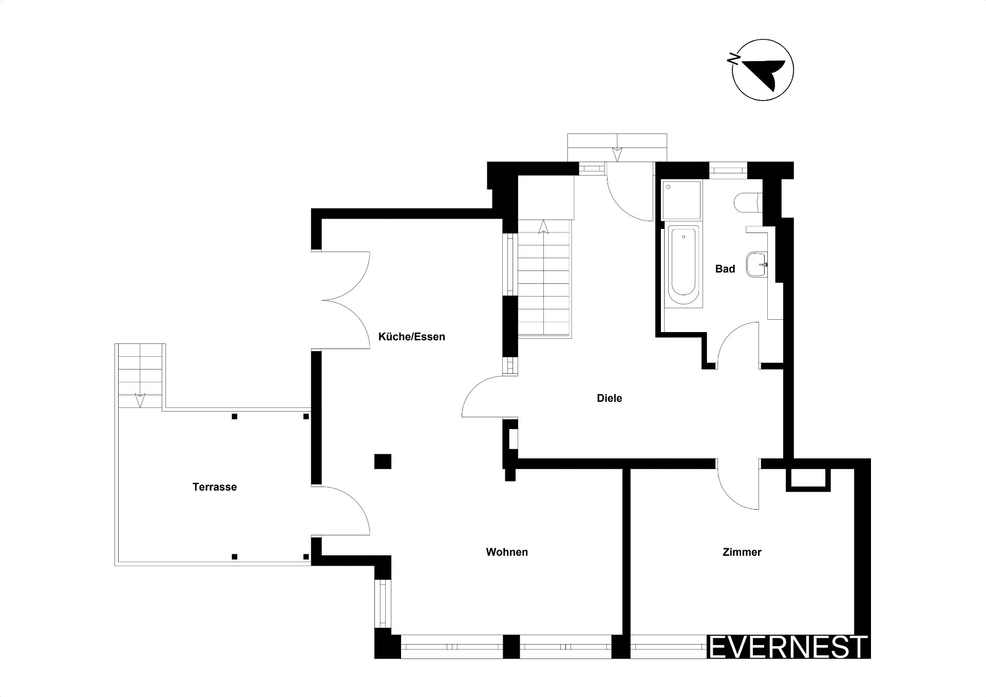 Grundriss mit Zimmern: Küche/Essbereich, Bad, Diele, Wohnen, Zimmer und Terrasse.