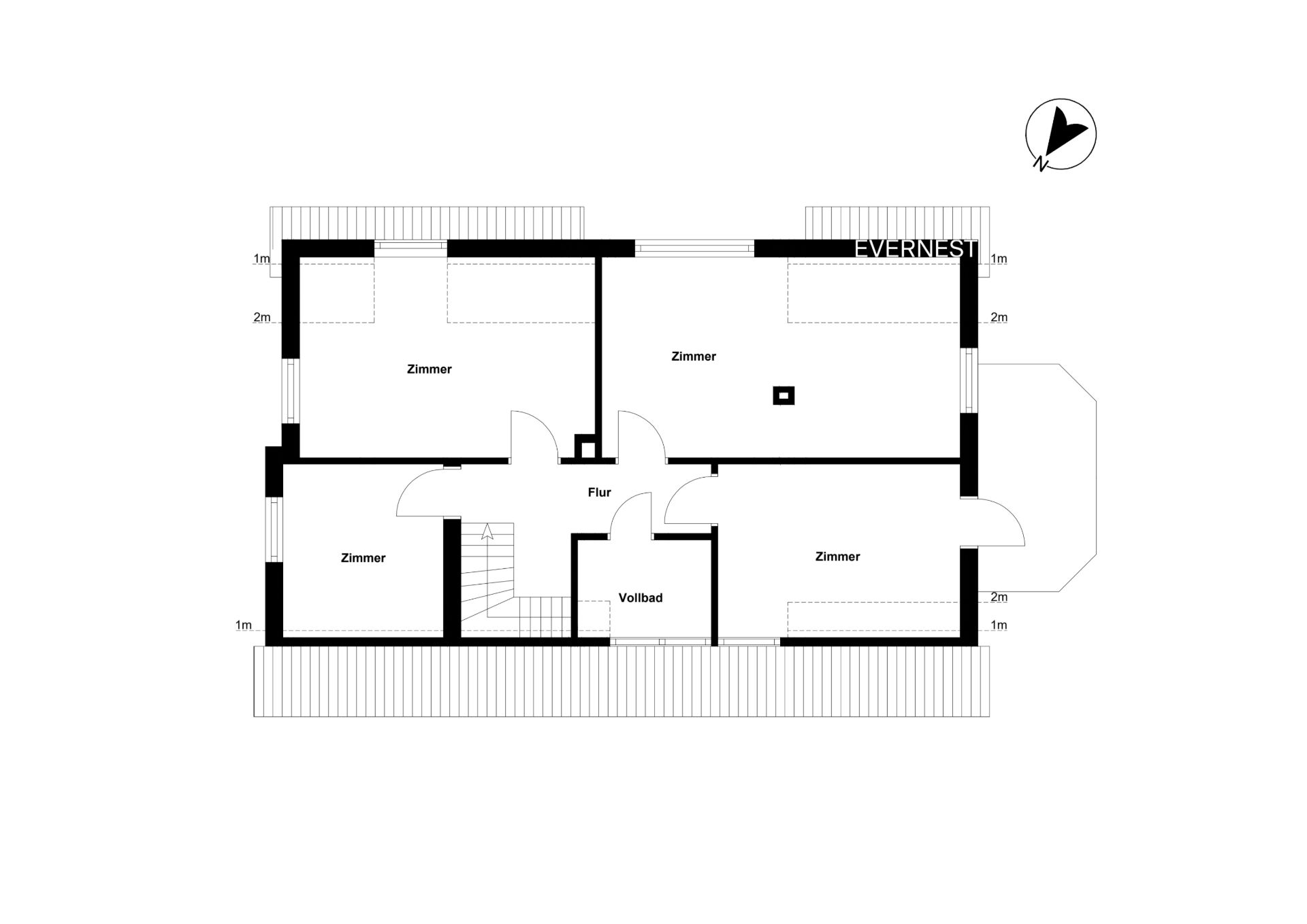 Grundriss mit vier Zimmern, Flur, Treppe und Vollbad, Räume sind beschriftet.