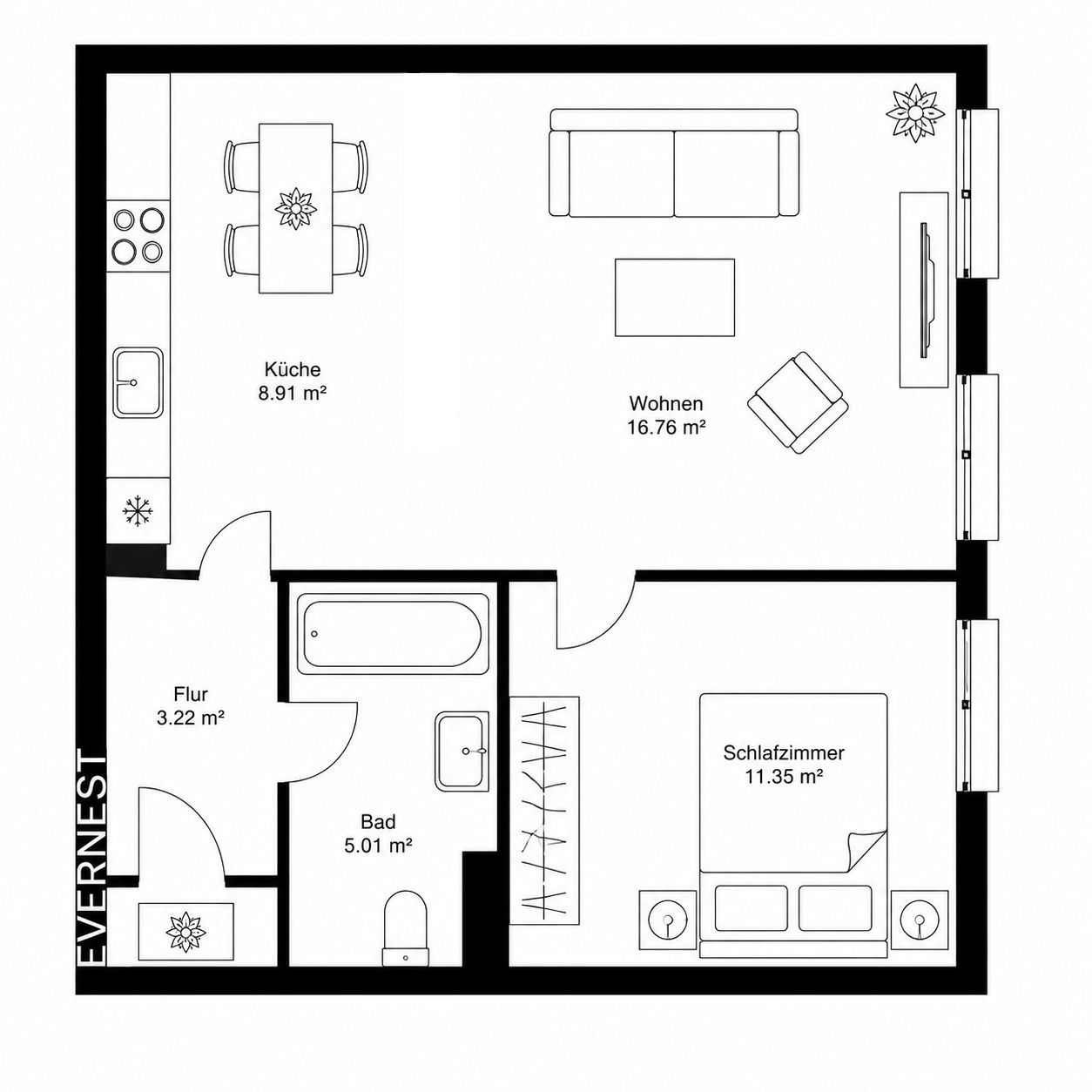 Grundriss einer Wohnung mit Küche, Wohnzimmer, Schlafzimmer, Bad und Flur.