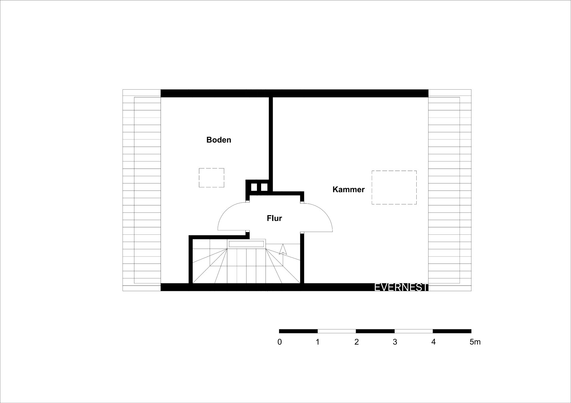 Grundriss einer Etage mit Flur, Boden, Kammer und Treppe.