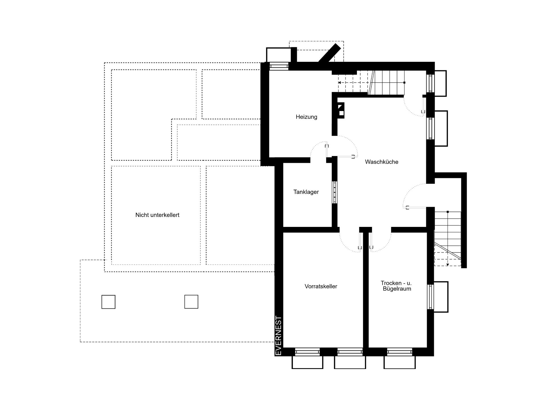 Grundriss eines Kellers mit Heizungsraum, Waschküche, Tanklager und Vorratskeller.