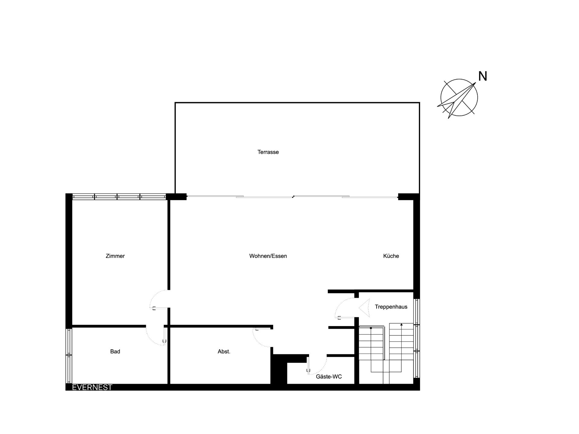 Grundriss mit Zimmer, Bad, Abstellraum, Gäste-WC, Küche, Wohn-/Essbereich und Terrasse.