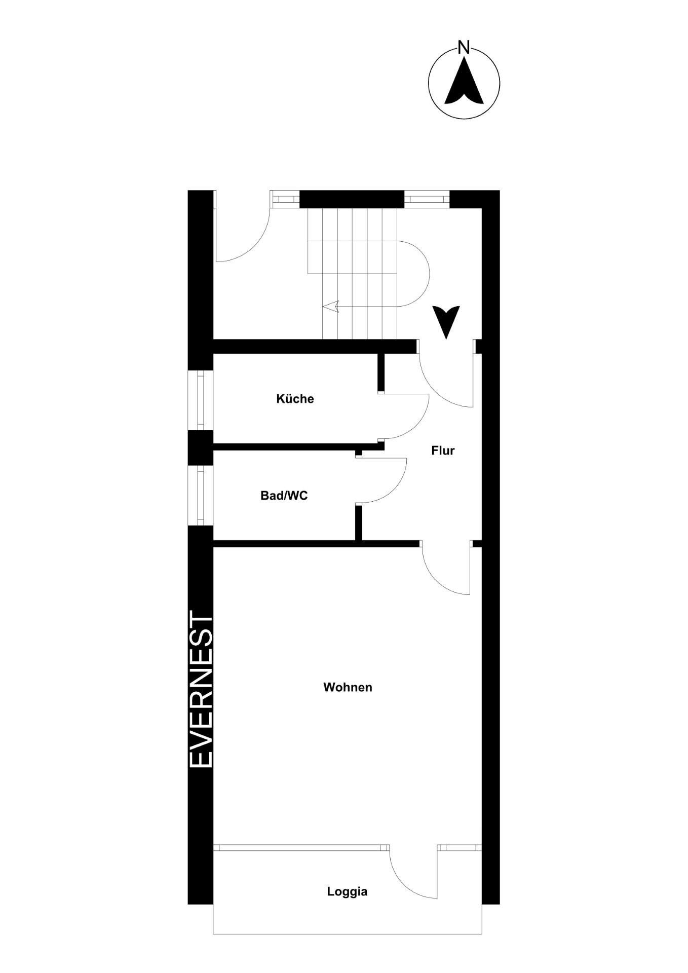 Grundriss mit Küche, Bad/WC, Flur, Wohnzimmer und Loggia.