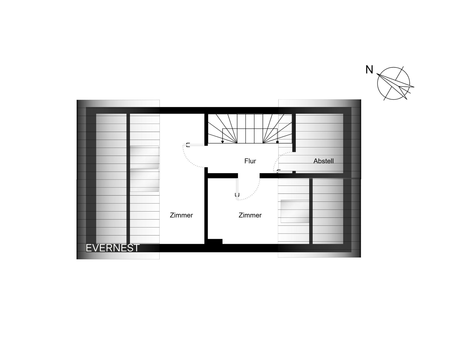 Grundriss mit Flur, zwei Zimmern und einem Abstellraum.
