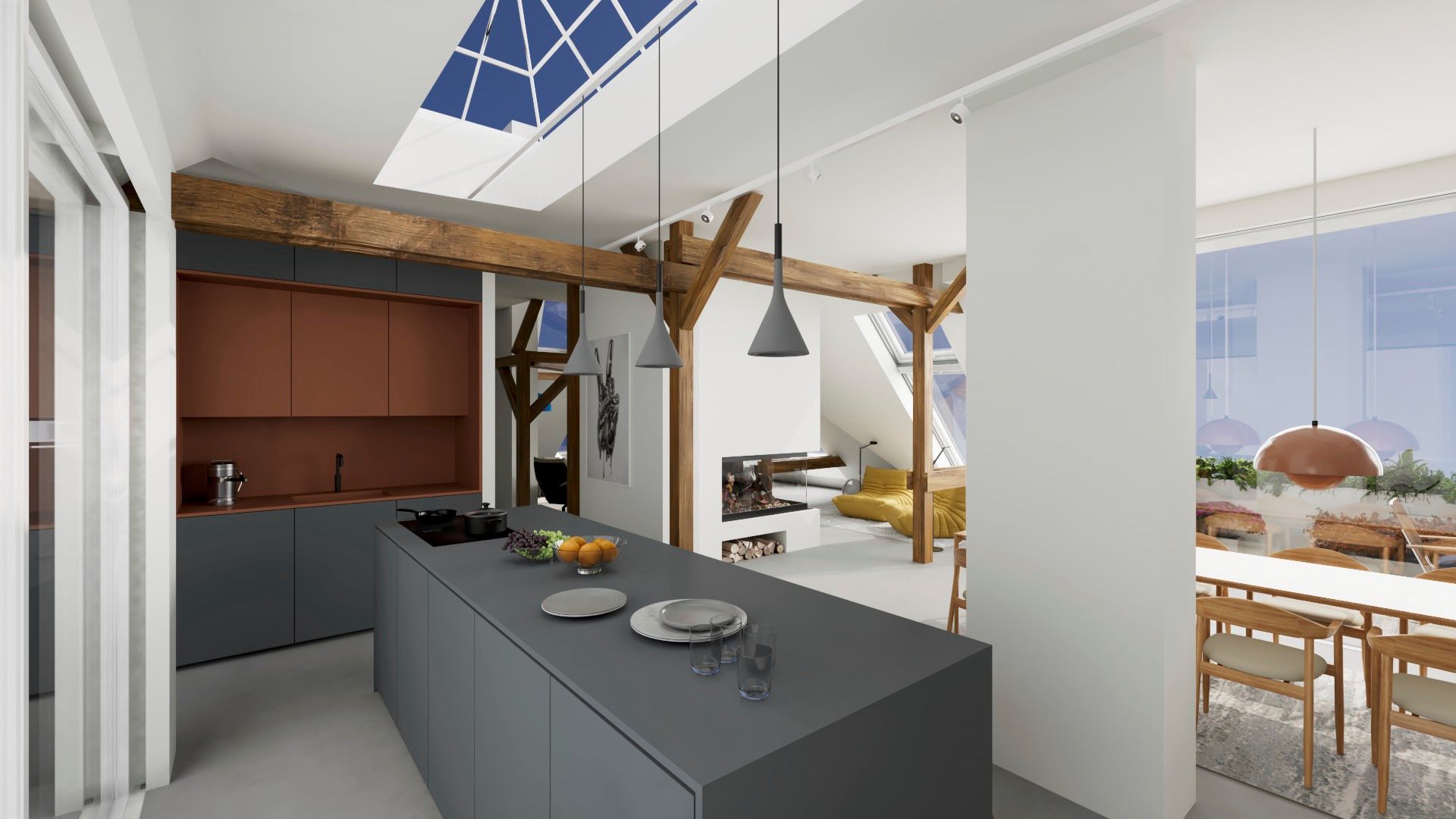 Moderne Küche mit Kochinsel, Holzbalken, Esstisch und viel Tageslicht durch Dachfenster.